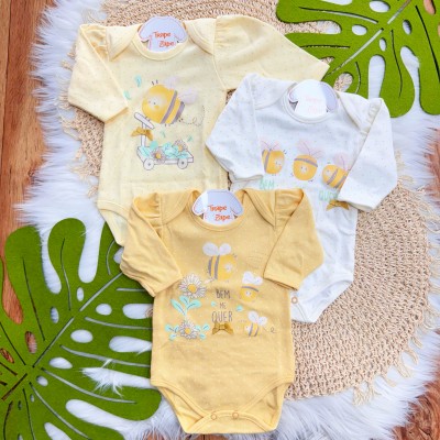 Kit 3 Peças - Bodys Manga Longa Bem Me Quer Abelhas - Amarelo, Off White e Mostarda